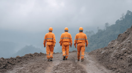 A group of workers dressed in bright orange safety gear walking along a muddy road, showcasing teamwork in a challenging industrial environment under a cloudy sky.の素材