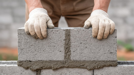 A man is seen carefully laying a cinder block with cement on a new wall, showcasing essential construction techniques for effective home improvement projects.の素材