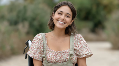 A joyful young woman in a wheelchair sits outdoors, exuding confidence and happiness in a vibrant natural setting, embracing life and inspiring others.の素材