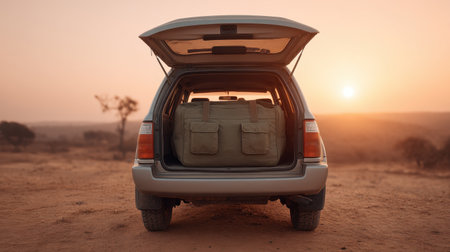 Captivating view of an open SUV trunk set against a stunning sunset in a dry landscape, ready for adventure with travel bags inside, evoking a sense of exploration.の素材