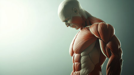 A detailed and realistic anatomical model of a human male figure highlighting muscle structure set against a soft gradient background, perfect for educational and medical contexts.の素材