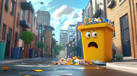 A cartoon character with wide eyes looks distressed next to an overflowing trash bin on a sunny urban street, vividly illustrating the impact of litter in a playful, engaging manner.の素材