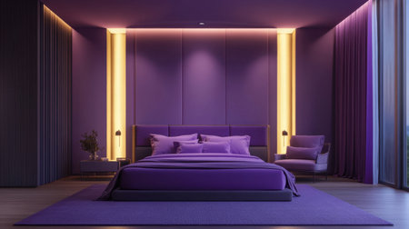 A chic modern bedroom featuring a rich purple color palette. Ambient lighting enhances the elegant furnishings, creating a cozy and inviting atmosphere perfect for relaxation.の素材