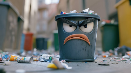 A cartoonish trash bin expresses anger in a cluttered urban setting, highlighting issues of waste management and environmental responsibility amid overflowing litter.の素材