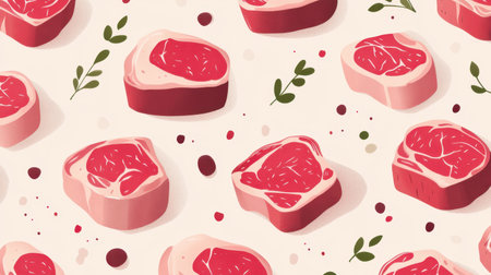 This vibrant illustration showcases an assortment of raw meat cuts set against a light background, ideal for culinary projects, cookbooks, or restaurant menus.の素材