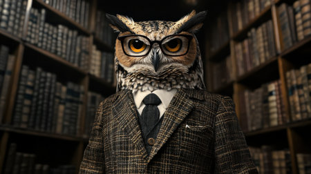 A charming owl dressed in a vintage suit and glasses poses in a cozy library filled with books, embodying wisdom and creativity in a unique and imaginative way.の素材