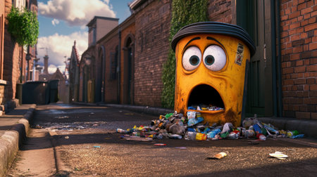 A whimsical yellow trash can exhibits a surprised expression while surrounded by litter on a picturesque urban street, blending humor and environmental themes in bright daylight.の素材