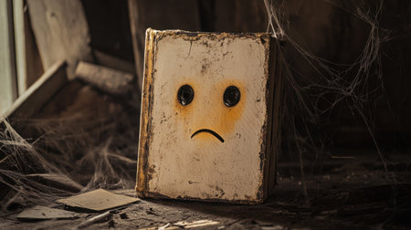 A forlorn book with a sad face reflects emotions of neglect and memory, set in a dusty, abandoned room filled with cobwebs, evoking a sense of mystery.の素材