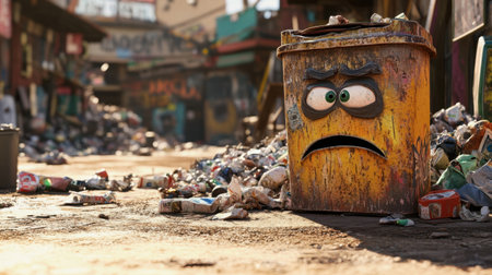 A whimsical trash bin with an upset expression sits amid an urban landscape filled with litter, showcasing the contrast between vibrant art and neglected streets.の素材