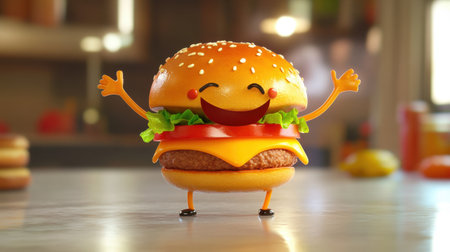 This animated burger character brings joy and playfulness to any kitchen scene, perfect for food-related projects or children's content. Bright and inviting visuals enhance warmth.の素材