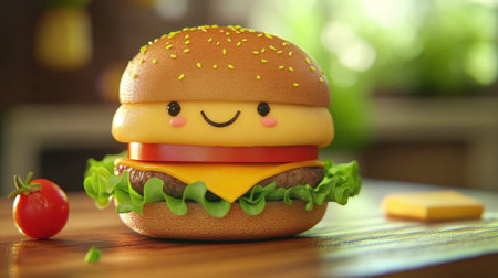 Delightful cartoon hamburger character featuring a smiling face, fresh ingredients, and a vibrant design, perfect for food themes and playful marketing campaigns.の素材