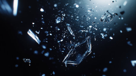 A captivating image of glass shards in mid-air, reflecting light against a dark background, creating a dramatic and dynamic visual perfect for artistic projects and design needs.の素材