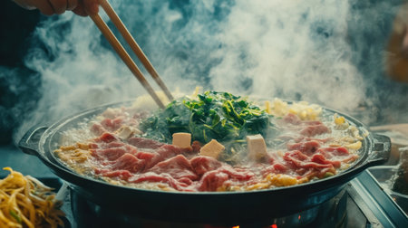 Experience the art of hot pot cooking with fresh ingredients like beef, greens, and tofu, creating a delicious and aromatic meal full of flavor and warmth.の素材