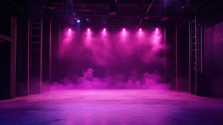 This image showcases an empty stage lit with vibrant pink lights and surrounded by fog, perfect for theatrical performances, concerts, and creative events showcasing atmosphere and ambiance.の素材