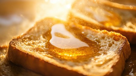 Delight in the warm glow of golden toast slices topped with sweet honey and creamy butter, creating a perfect breakfast scene filled with comfort and flavor.の素材