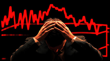 A businessman in deep distress, holding his head in despair, is set against a backdrop of a declining stock market graph, illustrating the emotional toll of financial uncertainty.の素材