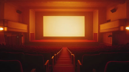 Experience the quiet beauty of an empty theater, featuring an inviting glowing screen and elegant red seating, ideal for cultural or cinematic themes and artistic presentations.の素材