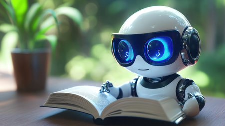 A charming humanoid robot with glowing blue eyes engages with a book in a vibrant indoor setting, highlighting the fusion of technology and education in a playful atmosphere.の素材