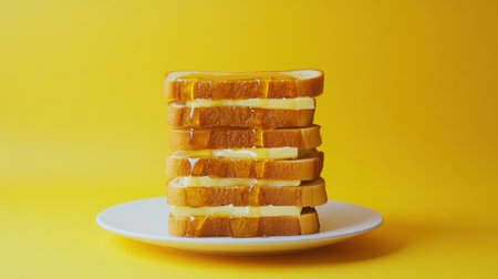 Deliciously stacked slices of soft bread with a rich layer of butter and a golden honey drizzle, capturing the essence of comfort food against a vibrant yellow backdrop.の素材