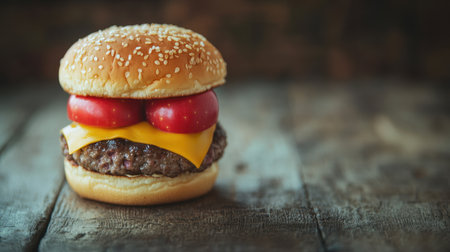 A mouthwatering cheeseburger featuring fresh tomatoes and cheddar cheese on a rustic wooden table, perfect for enticing food photography and showcasing delicious meals.の素材