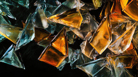 A captivating arrangement of colorful glass fragments showcasing vibrant hues and reflections, creating a stunning visual impact against a dark backdrop.の素材