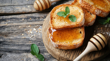 A tempting arrangement of crispy toast slices glistening with honey, paired with fresh mint leaves on a rustic wooden board, perfect for a cozy breakfast or snack.の素材