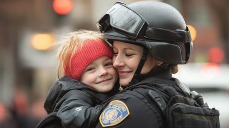 A touching scene of a police officer embracing a smiling child, reflecting warmth and community spirit in a city environment, emphasizing partnership and safety.の素材