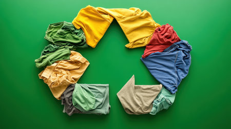 Colorful fabric pieces arranged in a circle symbolize eco-friendly textile recycling, emphasizing sustainability and awareness in fashion and environmental responsibility.の素材