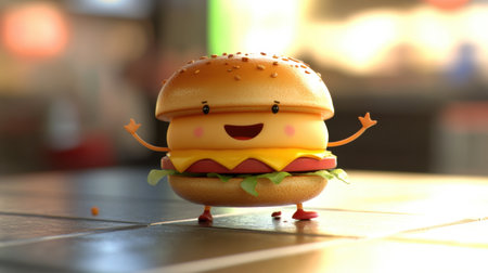 Delightful cartoon hamburger character with a joyful expression, designed for fun and engaging food illustrations, perfect for children's content and playful advertising.の素材