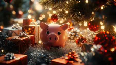 A charming piggy bank amid vibrant Christmas gifts and sparkling ornaments showcases the joy of saving and the festive spirit of the holiday season.の素材