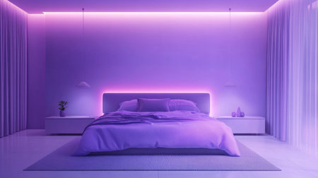 A serene modern bedroom featuring a cozy purple bed and soft lighting, creating a stylish and relaxing atmosphere with elegant decor elements. Perfect for contemporary design lovers.の素材