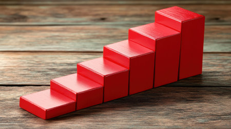 A striking image of red wooden blocks arranged in a step formation on a rustic surface, symbolizing growth, strategy, and progress in various professional fields.の素材