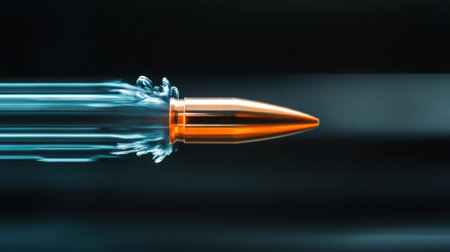 A stunning close-up of a bullet in swift motion, showcasing the intricate design and powerful energy as it cuts through an unseen medium, emphasizing the dynamics of speed and precision.の素材