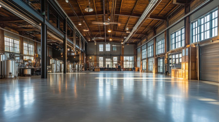 Explore the beauty of a spacious industrial interior featuring high ceilings, large windows, and a polished concrete floor, perfect for creative and community events.の素材
