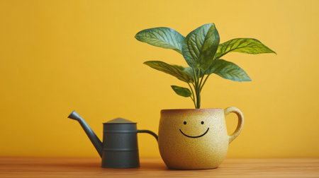 A cheerful plant in a smiley pot sitting beside a watering can on a wooden surface, set against a bright yellow background, perfect for gardening and home decor projects.の素材