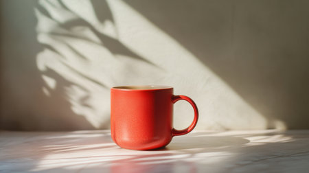 A striking red ceramic coffee mug sits on a light surface, casting soft shadows. The natural light enhances this cozy scene, perfect for enjoying morning beverages.の素材
