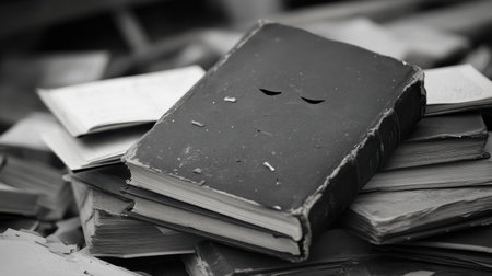 An abandoned black book rests on a pile of old, worn-out books, evoking feelings of nostalgia and the passage of time in a vintage library. Perfect for themes of knowledge and decay.の素材