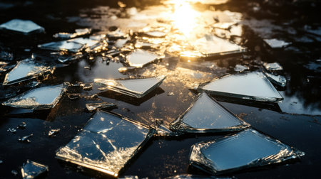 Beautifully captured image of shattered glass pieces reflecting warm sunlight on a wet surface, showcasing intricate details and a captivating contrast with surrounding elements.の素材
