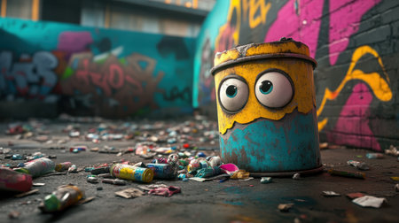 A quirky cartoon trash can with large expressive eyes sits in a cluttered urban alley, surrounded by colorful graffiti and scattered litter, presenting a blend of humor and street art.の素材
