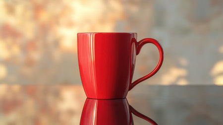 A stylish empty mug stands on a smooth, glossy tabletop, reflecting soft ambient light against a beautifully blurred background, ideal for cozy beverage moments.の素材