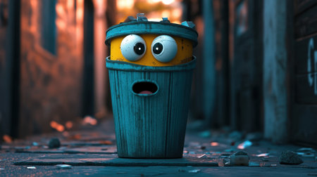 A cute animated trash can character with wide eyes and a surprised expression, set in a colorful urban alleyway, evokes joy and humor through its playful design and vibrant setting.の素材