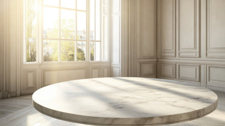 Bright and airy interior featuring a large circular marble platform with soft shadows, creating a serene and sophisticated ambiance in an elegant space.の素材