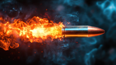 This striking image features a bullet in motion, surrounded by vibrant flames and smoke, capturing a sense of speed and action ideal for creative projects focused on intensity.の素材