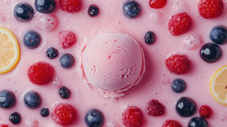 A vibrant ice cream scoop sits atop a pink background, surrounded by fresh raspberries, blueberries, and lemon slices, creating a delightful summer dessert scene.の素材