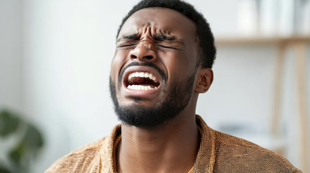 A young man demonstrates raw emotion, expressing feelings of frustration and sorrow in a well-lit indoor environment, symbolizing the complexity of mental health struggles.の素材