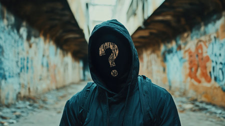 A mysterious figure wearing a hoodie stands in an abandoned alleyway filled with vibrant graffiti, embodying anonymity and intrigue in an urban setting.の素材