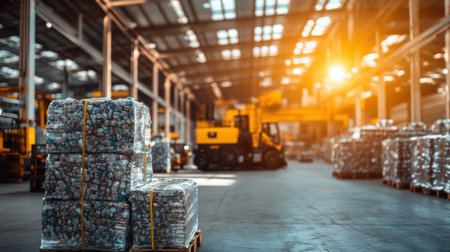 A spacious modern warehouse showcasing neatly stacked pallets, a forklift, and vibrant lighting that enhances the efficiency of logistics operations and inventory management.の素材