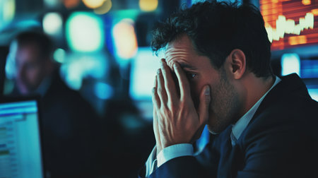 A businessman shows visible stress and anxiety in a modern office setting, overwhelmed by financial pressures, highlighting the intense emotions faced in corporate life.の素材