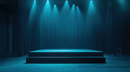 A minimalist stage setup featuring a dark platform illuminated by teal lighting with elegant curtains. An ideal backdrop for performances or presentations.の素材