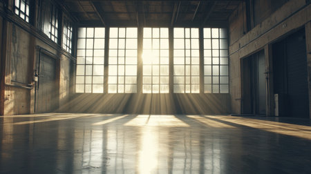 An expansive industrial room featuring large windows where sunlight pours in, casting beautiful beams and creating a serene and inspiring minimalist environment for various uses.の素材